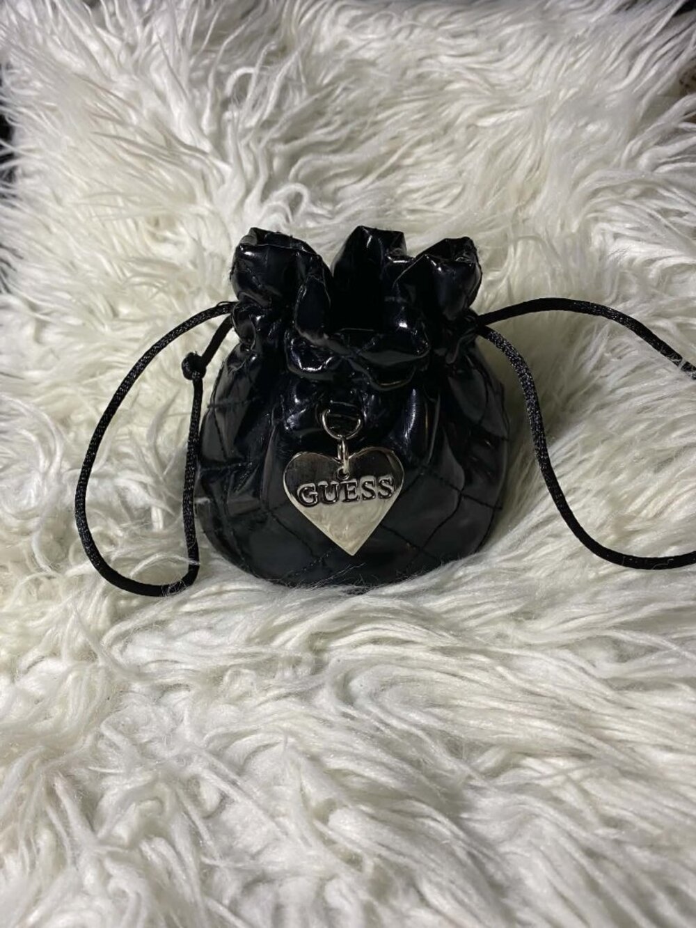 Guess Black Quilted Patent Drawstring Dainty Pouch Purse Heart Charm